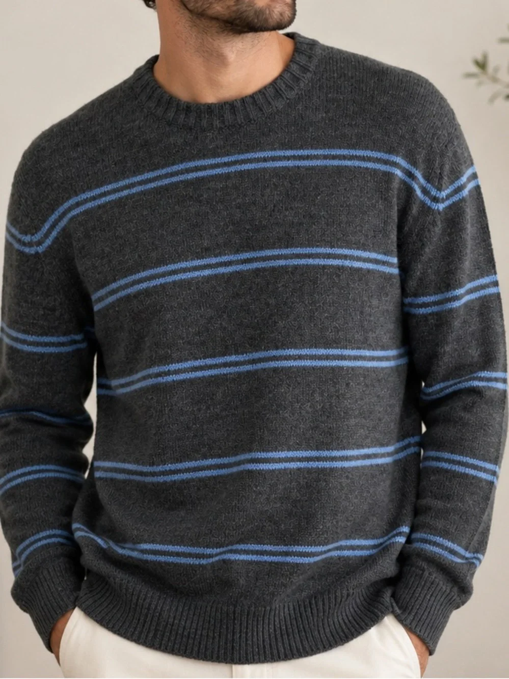 Vintage Le Tigre Men’s XL Gray Blue Striped Grandpa Sweater Crewneck Retro